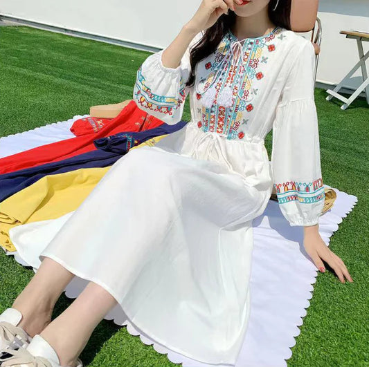 Embroidered Dress with Puff Sleeves and Waist Tie