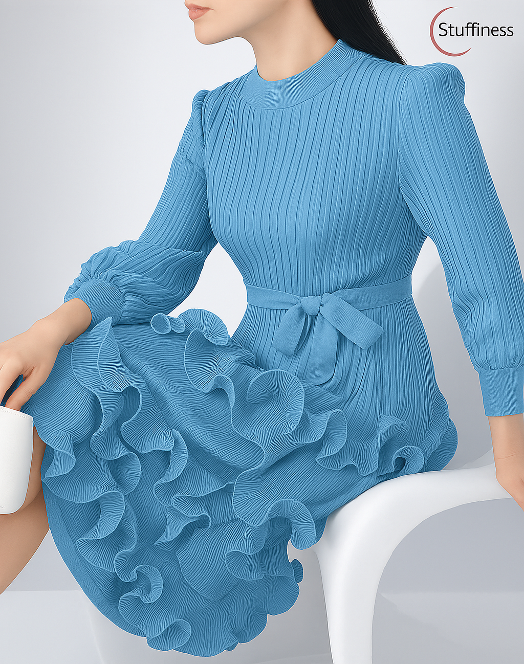 Elegant Pleated Belt Dress with Puff Sleeves