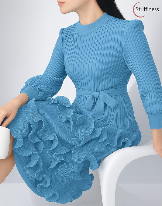Elegant Pleated Belt Dress with Puff Sleeves