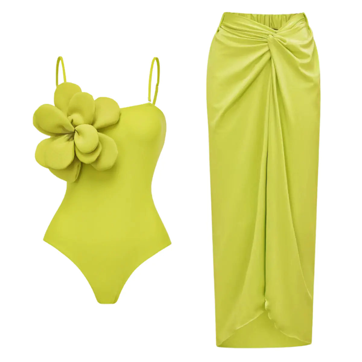 Yellow swimsuit with floral detail and matching skirt on a white background