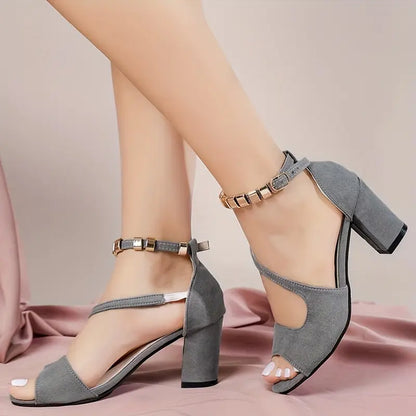 Fashion Women's Sandals with Thick Mid-Heel Buckle