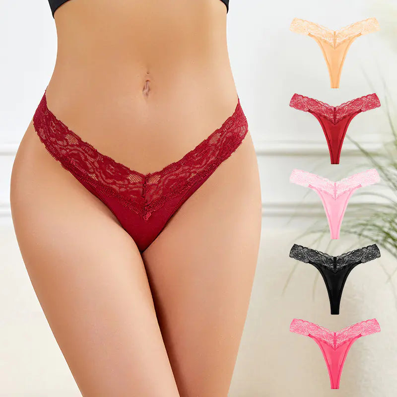 Red lace thong with additional colors displayed on a neutral background