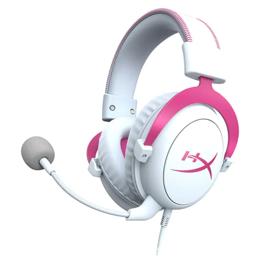 White and pink gaming headset with microphone on a white background