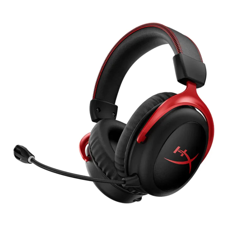 Black and red gaming headset with microphone on a white background